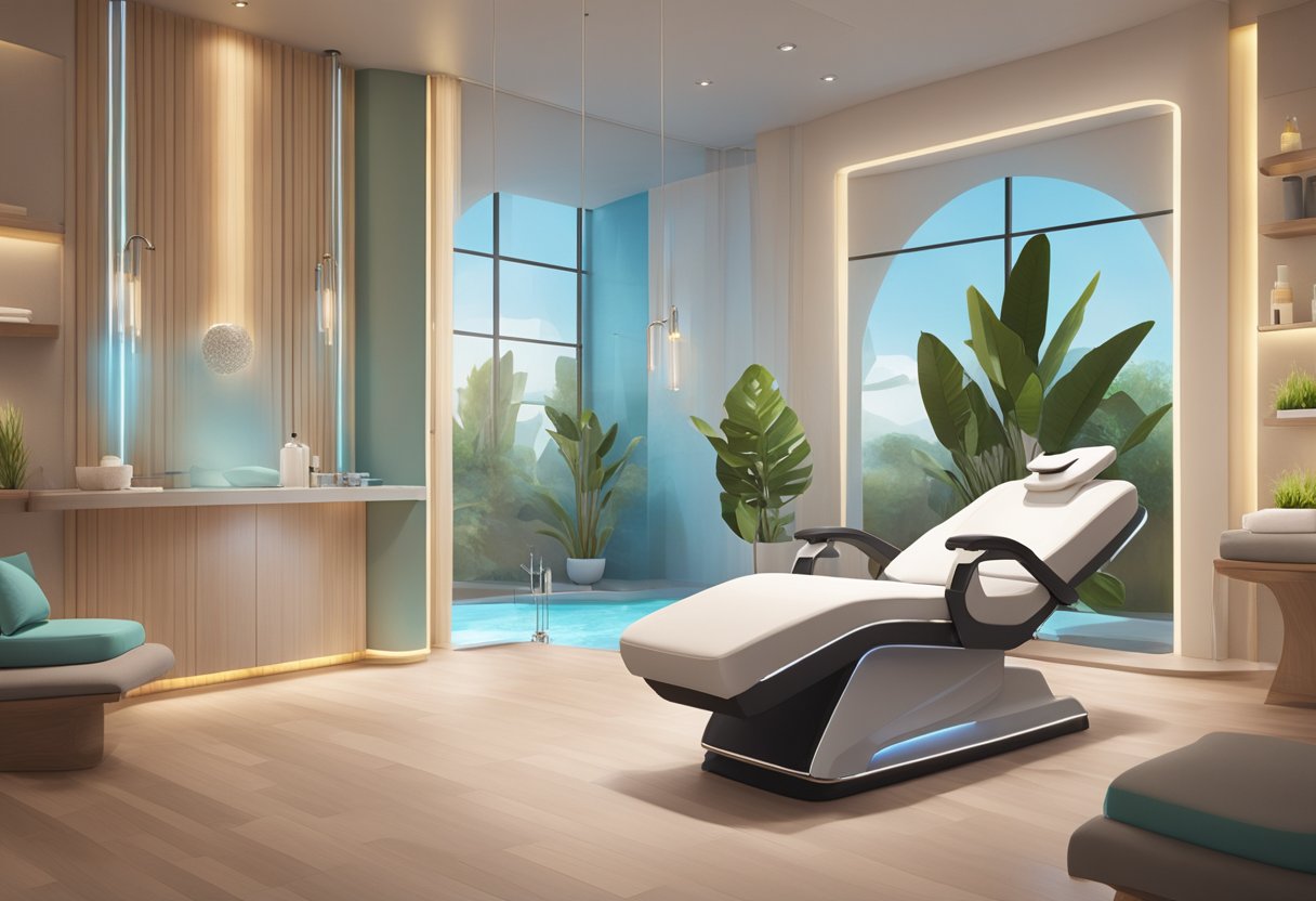 A serene spa room with a reclining chair, soft lighting, and a sleek HydraFacial machine in the center. A calm, inviting atmosphere