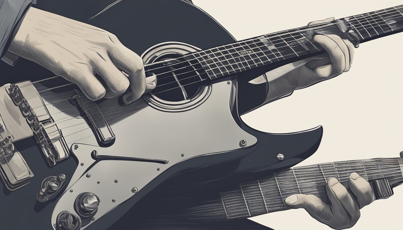 A person’s hand strumming the guitar strings while playing the song “Fast Car” with focused determination