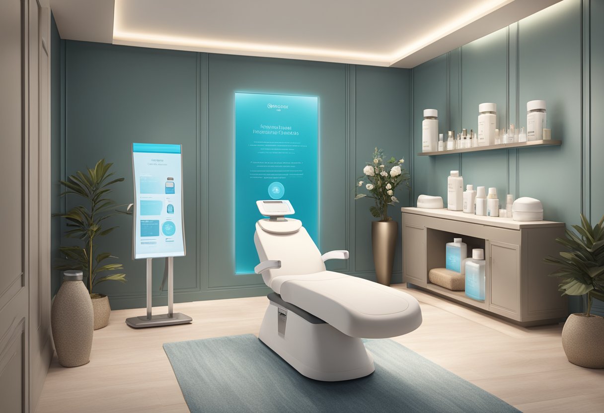 A serene spa room with a HydraFacial machine surrounded by luxurious skincare products and a price list displayed prominently