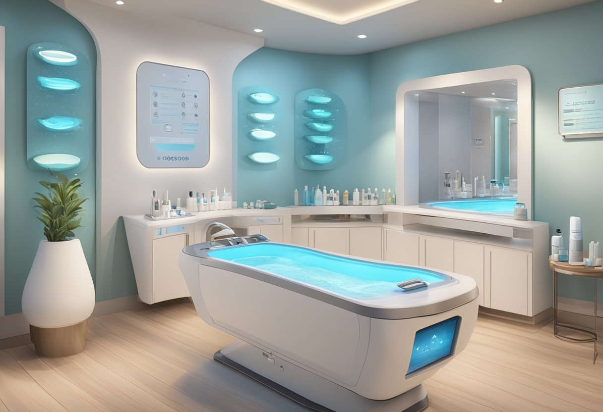 A serene spa room with various facial treatment equipment and products on display, including a HydraFacial machine. Prices are listed on a menu board