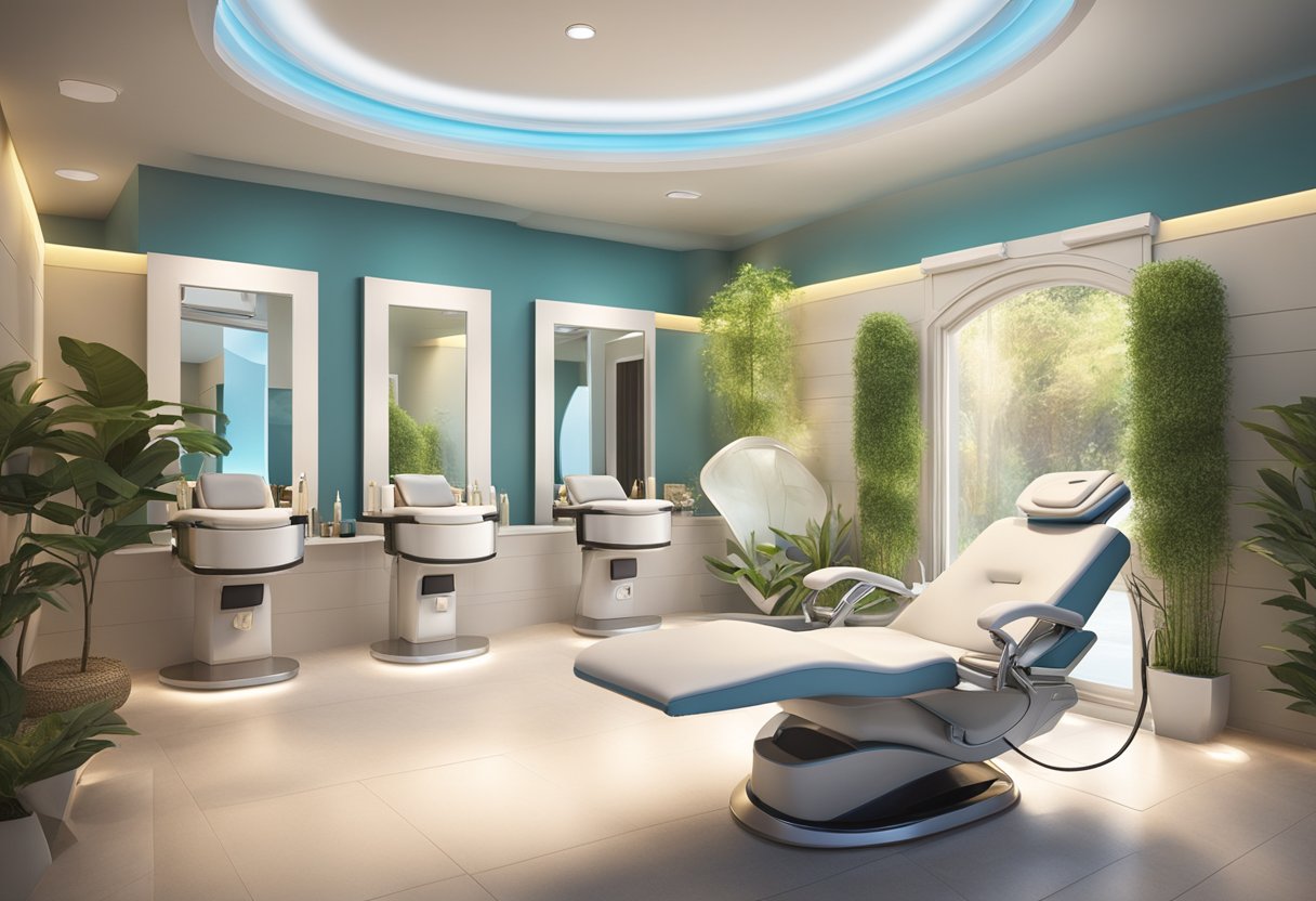 A serene spa room with a comfortable treatment chair, soft lighting, and a HydraFacial machine. A peaceful and luxurious atmosphere suggests the benefits of the treatment