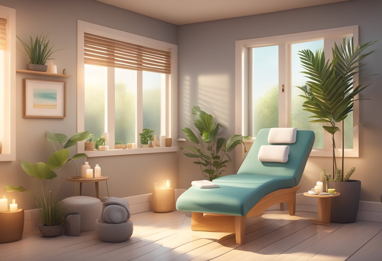 A serene spa room with a comfortable treatment chair, soft lighting, and a tray of skincare products. A calming atmosphere with a focus on rejuvenation and self-care