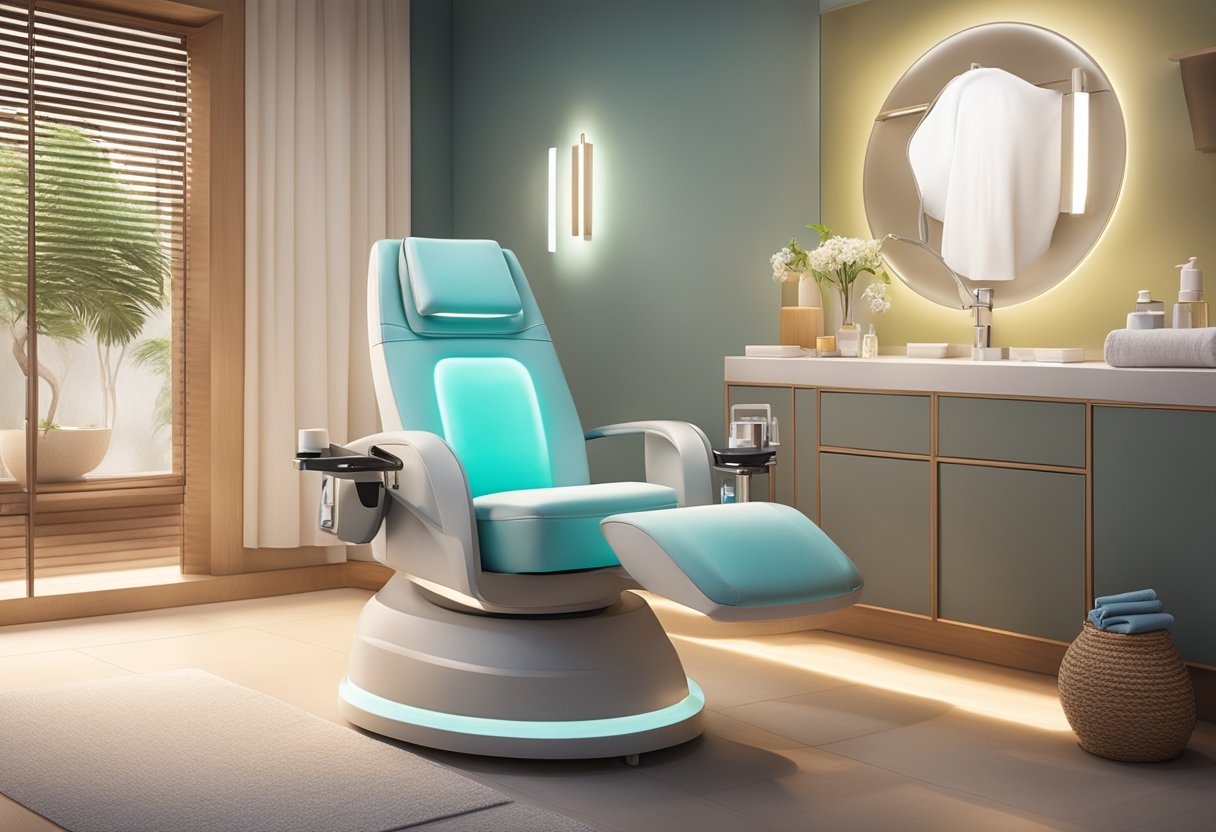 A serene spa room with a comfortable treatment chair, soft lighting, and a HydraFacial machine. A serene, relaxing atmosphere with a focus on skincare