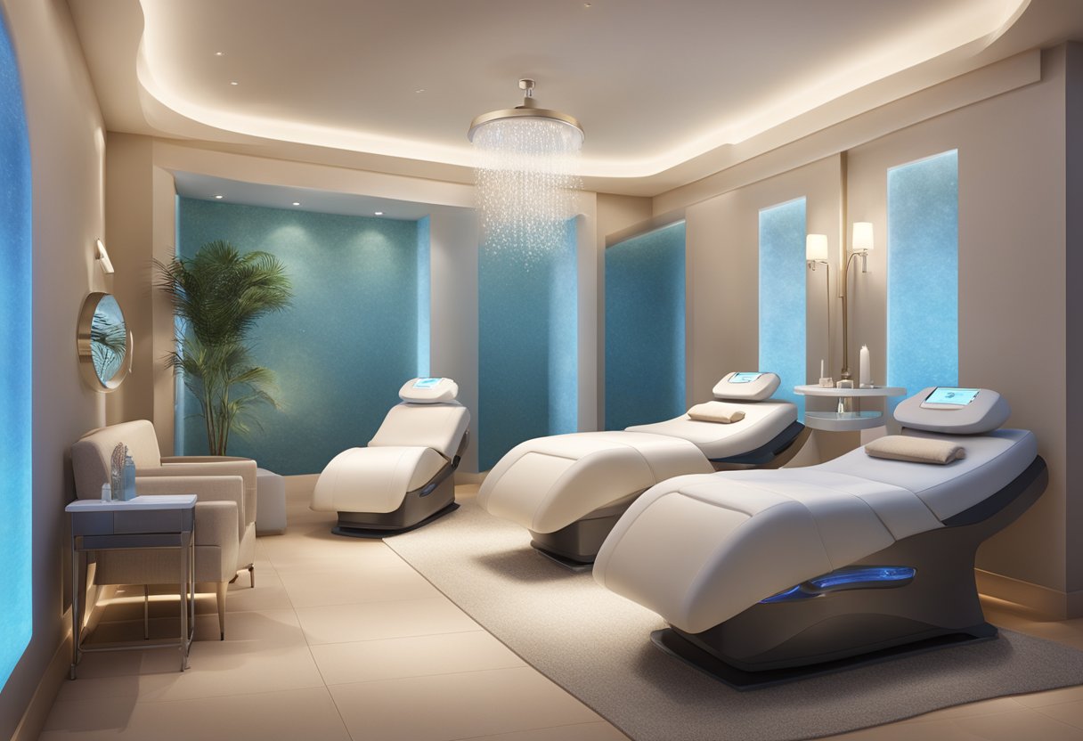 A serene spa room with a HydraFacial machine, soft lighting, and comfortable seating. A serene and luxurious atmosphere conveys the benefits of the treatment