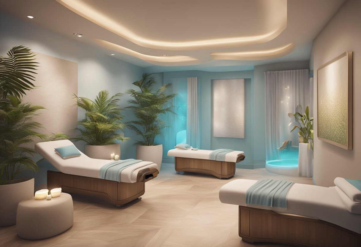 A serene spa room with a luxurious HydraFacial machine, soft lighting, and soothing decor. A serene atmosphere with a focus on relaxation and rejuvenation