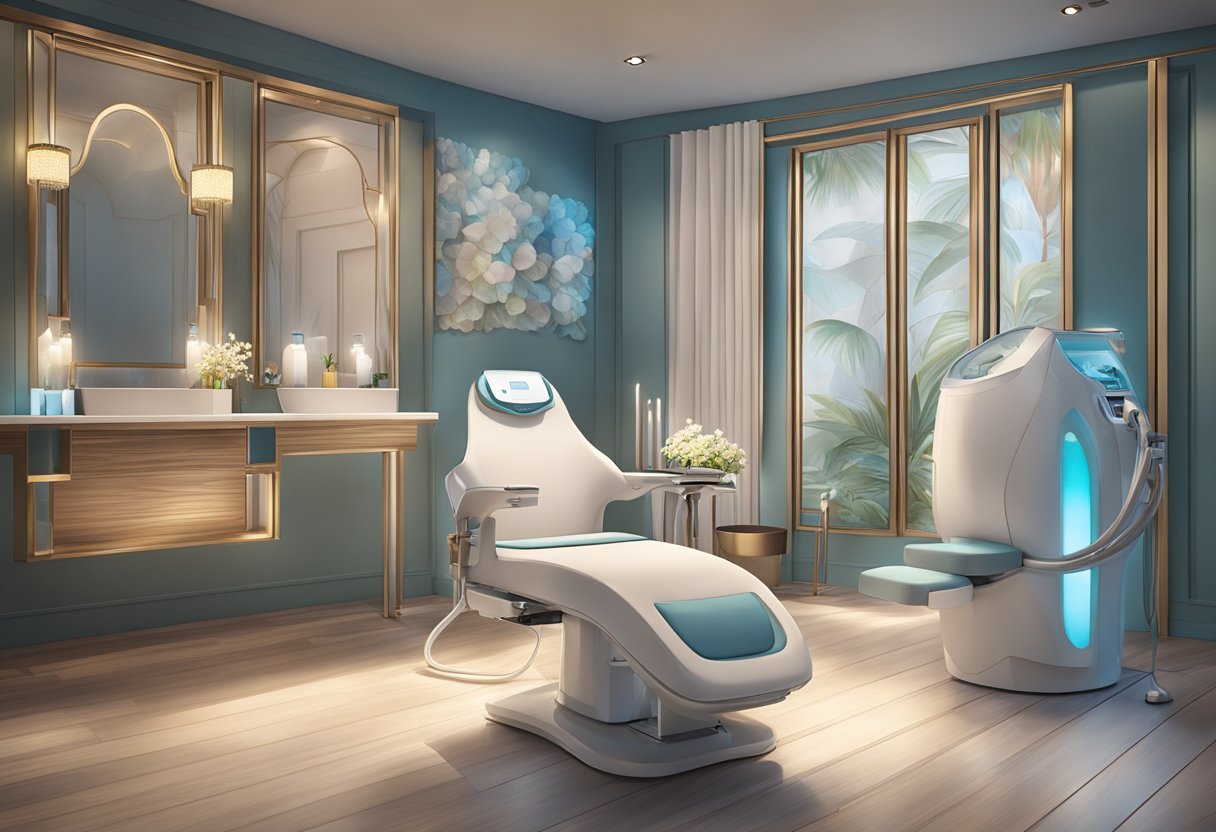 A serene spa room with a HydraFacial machine, soft lighting, and relaxing decor