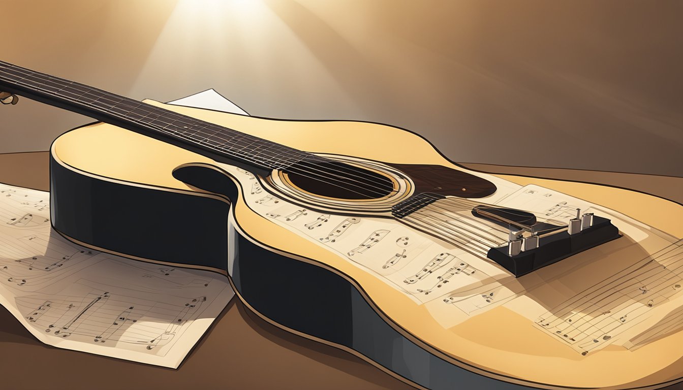 A guitar resting on a stand, with a pick and sheet music nearby, illuminated by warm, soft lighting