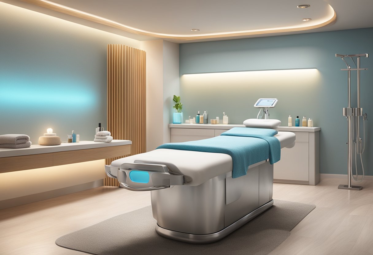 A serene spa room with a comfortable treatment bed, soft lighting, and HydraFacial equipment set up for a rejuvenating skincare session