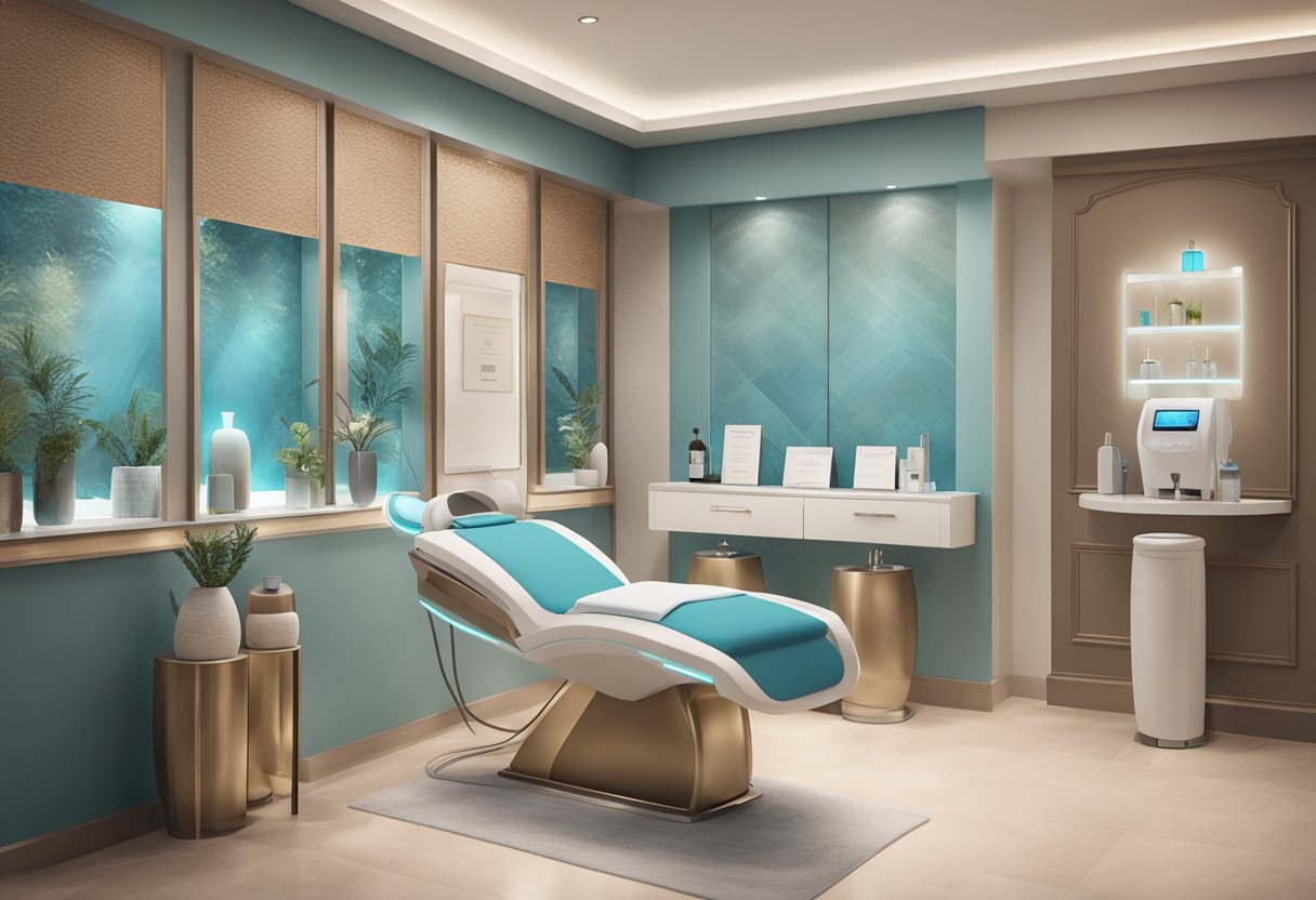 A serene spa room with a HydraFacial machine, soft lighting, and relaxing decor. A menu of treatment packages is displayed on a sleek counter