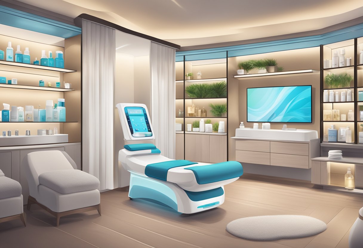 A serene spa room with a luxurious HydraFacial machine, surrounded by shelves of skincare products and a sign advertising savings and packages