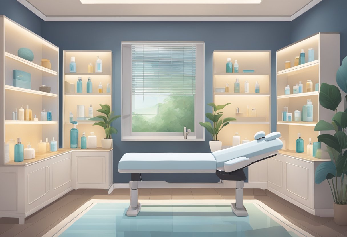 A serene spa room with a comfortable treatment bed, soft lighting, and shelves lined with skincare products. A professional esthetician administers a HydraFacial to a client's skin