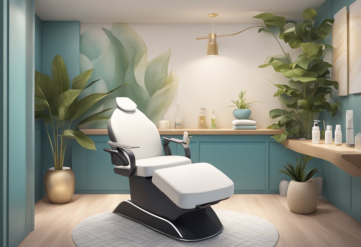 A serene spa room with a comfortable treatment chair, soft lighting, and a sleek HydraFacial machine, surrounded by calming decor