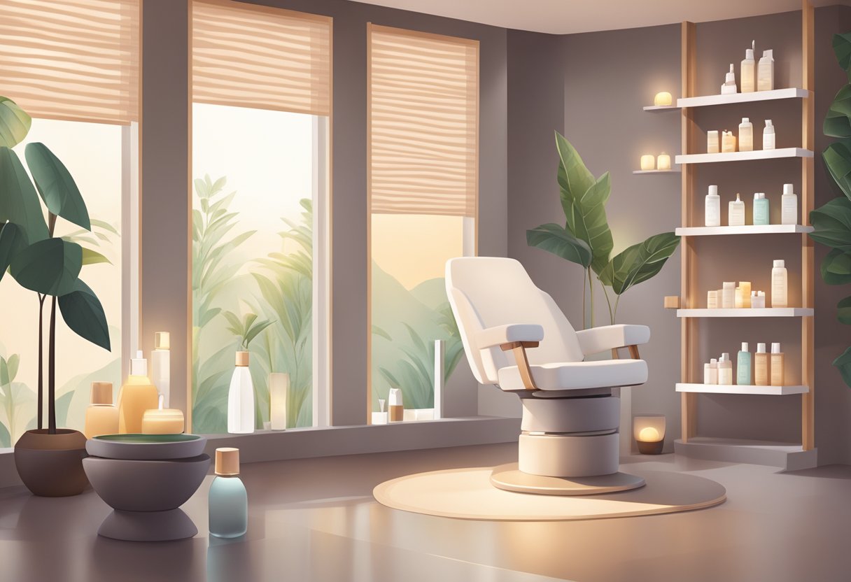 A serene spa room with a comfortable treatment chair, soft lighting, and shelves of skincare products