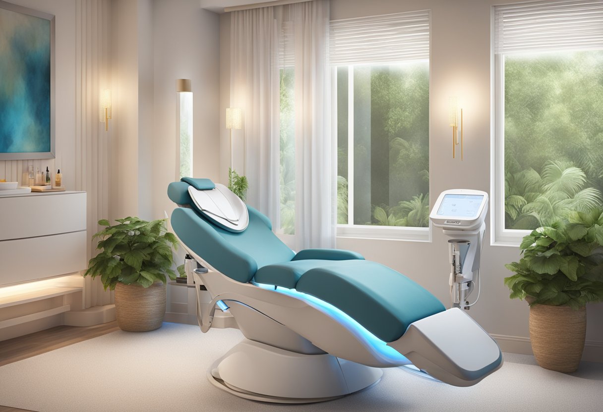 A serene spa room with a comfortable reclining chair, soft lighting, and a HydraFacial machine ready for use