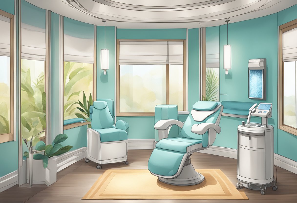 A serene spa room with a comfortable treatment chair, soft lighting, and a HydraFacial machine set up for an acne treatment