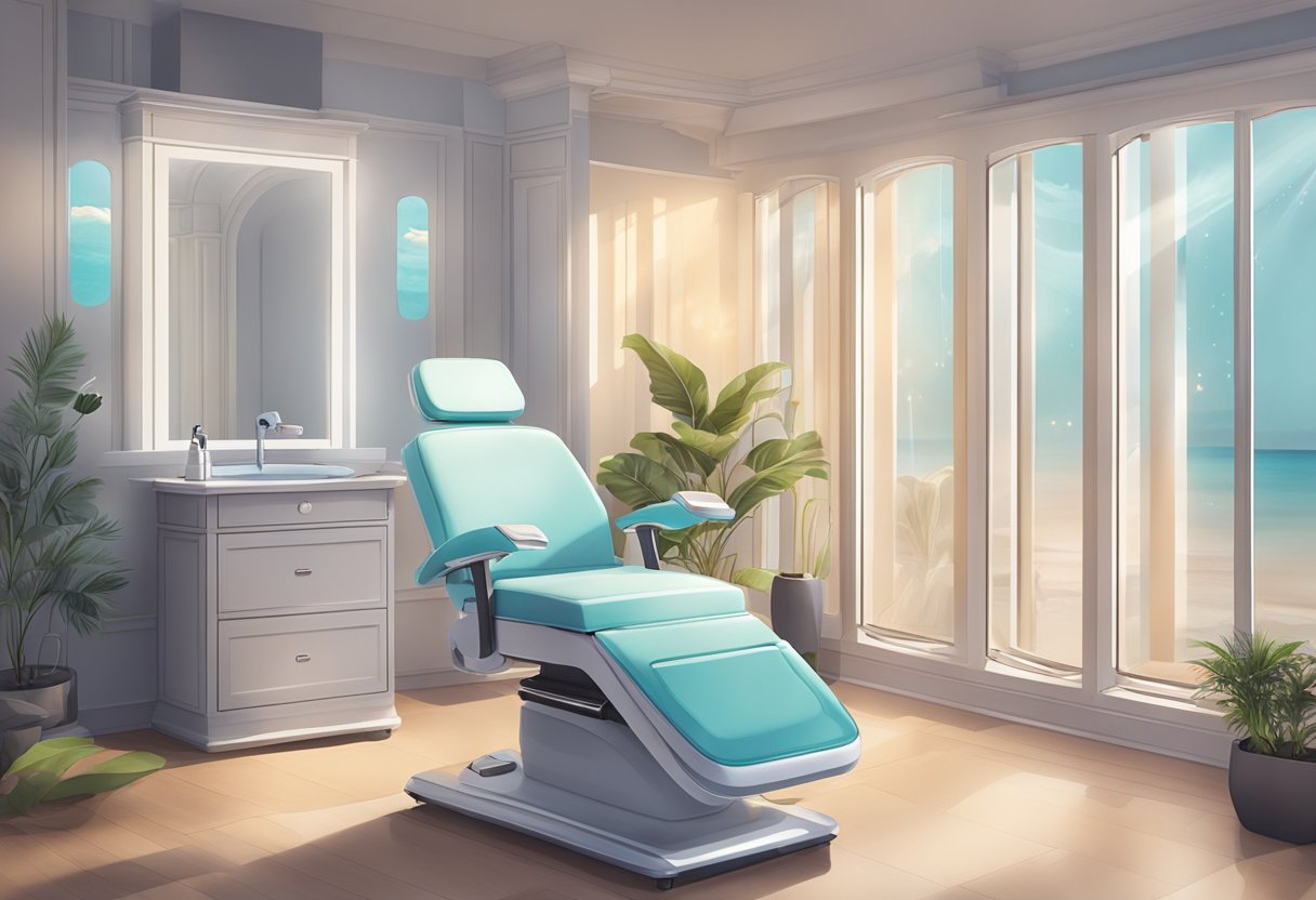 A serene spa room with a comfortable treatment chair, soft lighting, and a professional skincare machine for a HydraFacial treatment