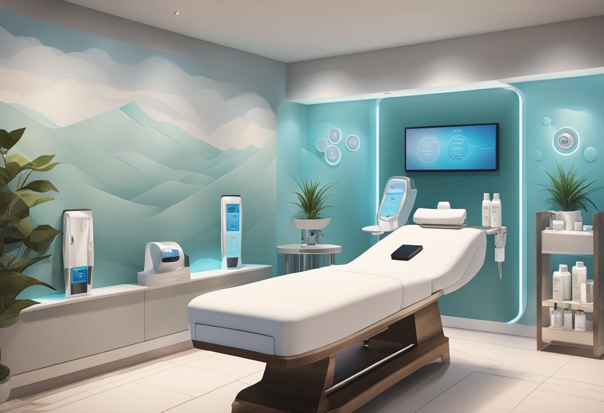 A serene spa room with a HydraFacial machine, skincare products, and a price list displayed on the wall