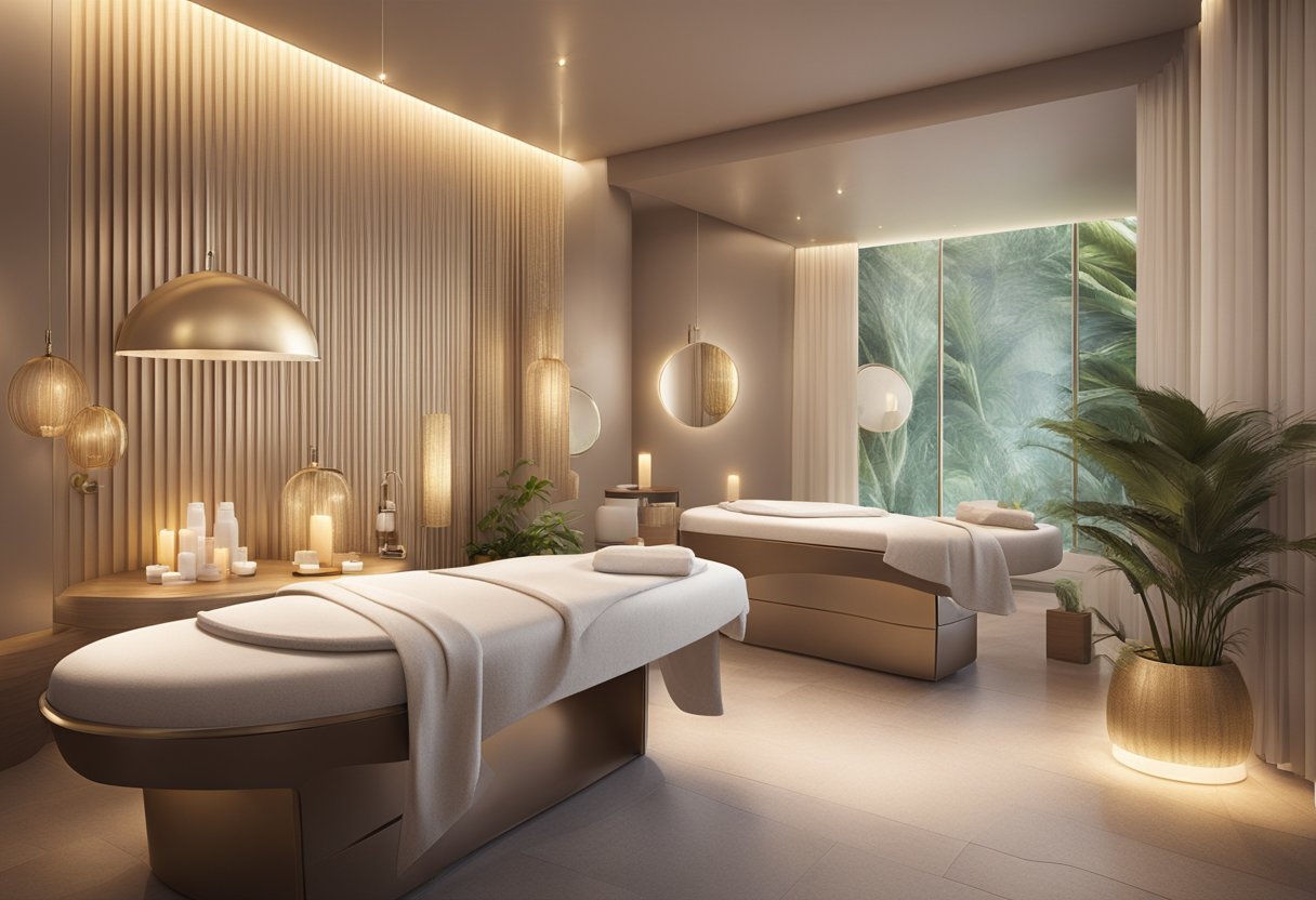 A serene spa room with a luxurious treatment chair, soft lighting, and a display of skincare products