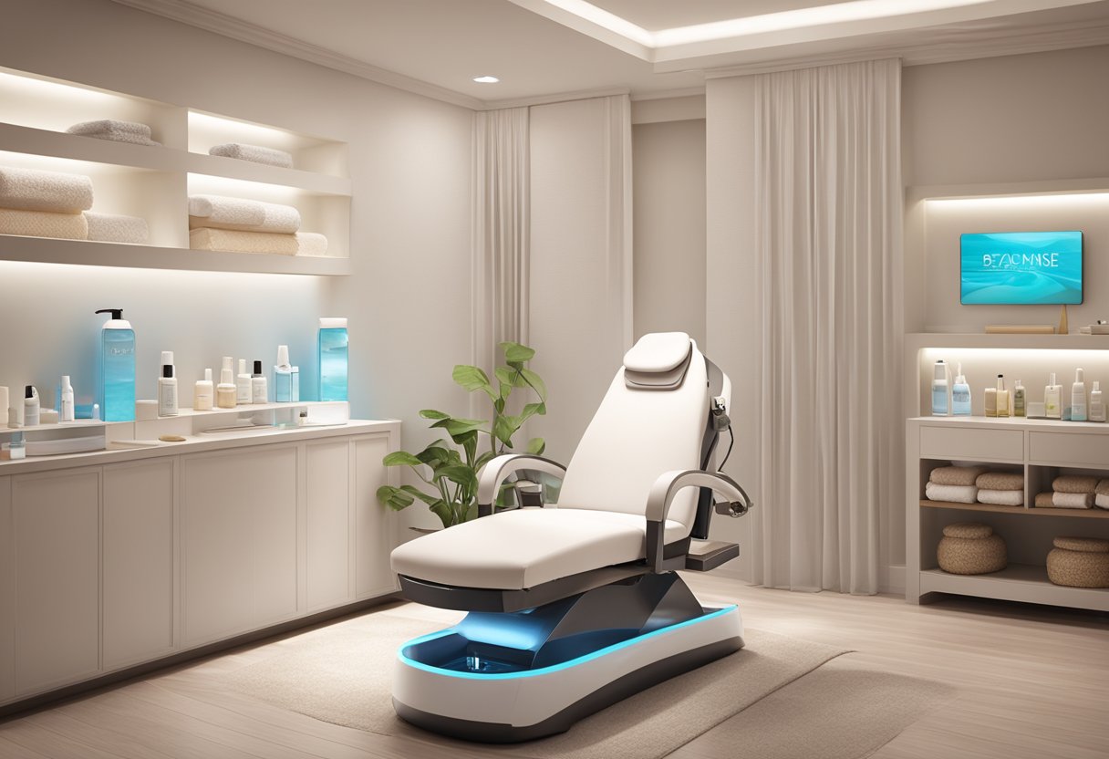 A serene spa room with a reclining treatment chair, soft lighting, and shelves of skincare products. A HydraFacial machine sits ready for use