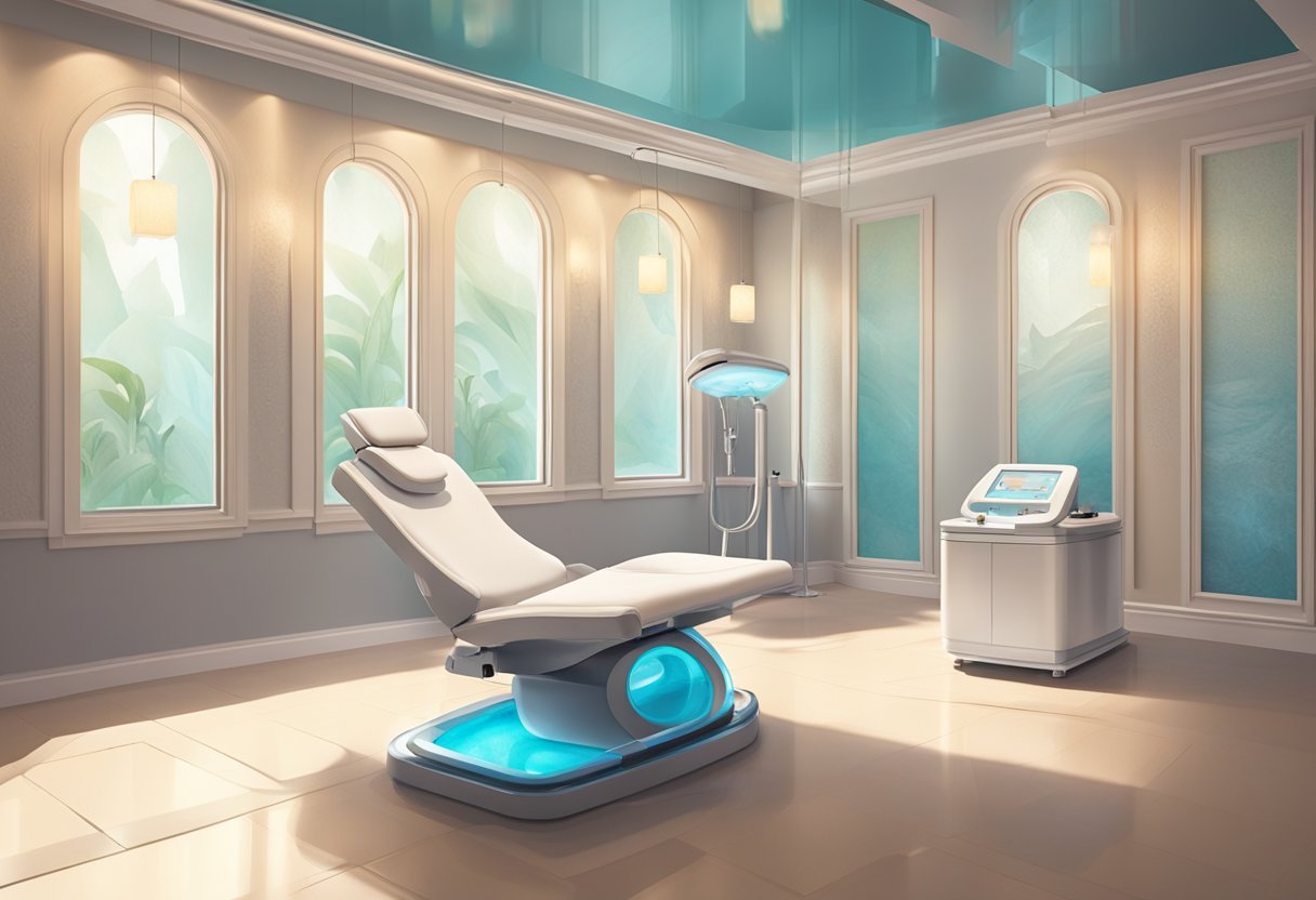 A serene spa room with a reclining treatment chair, a HydraFacial machine, and soft ambient lighting creating a relaxing atmosphere