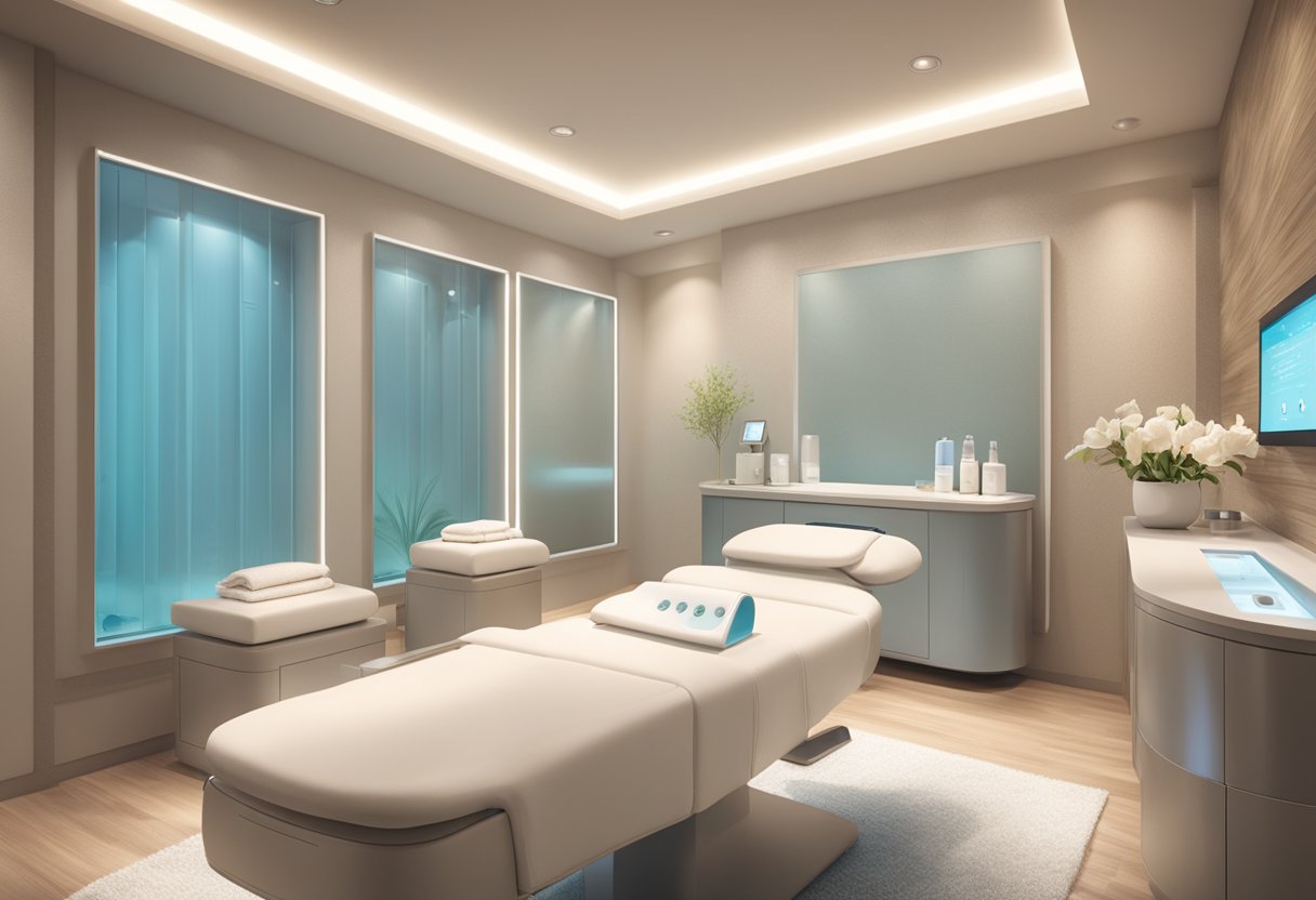 A serene spa room with a HydraFacial machine, skincare products, and a price list displayed on the wall. Soft lighting and a relaxing atmosphere