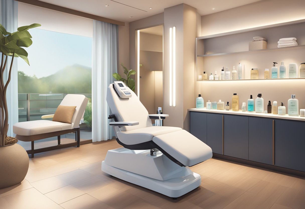 A serene spa room with a comfortable treatment chair, soft lighting, and a display of skincare products. A professional esthetician performs a HydraFacial on a client, surrounded by a peaceful and relaxing atmosphere