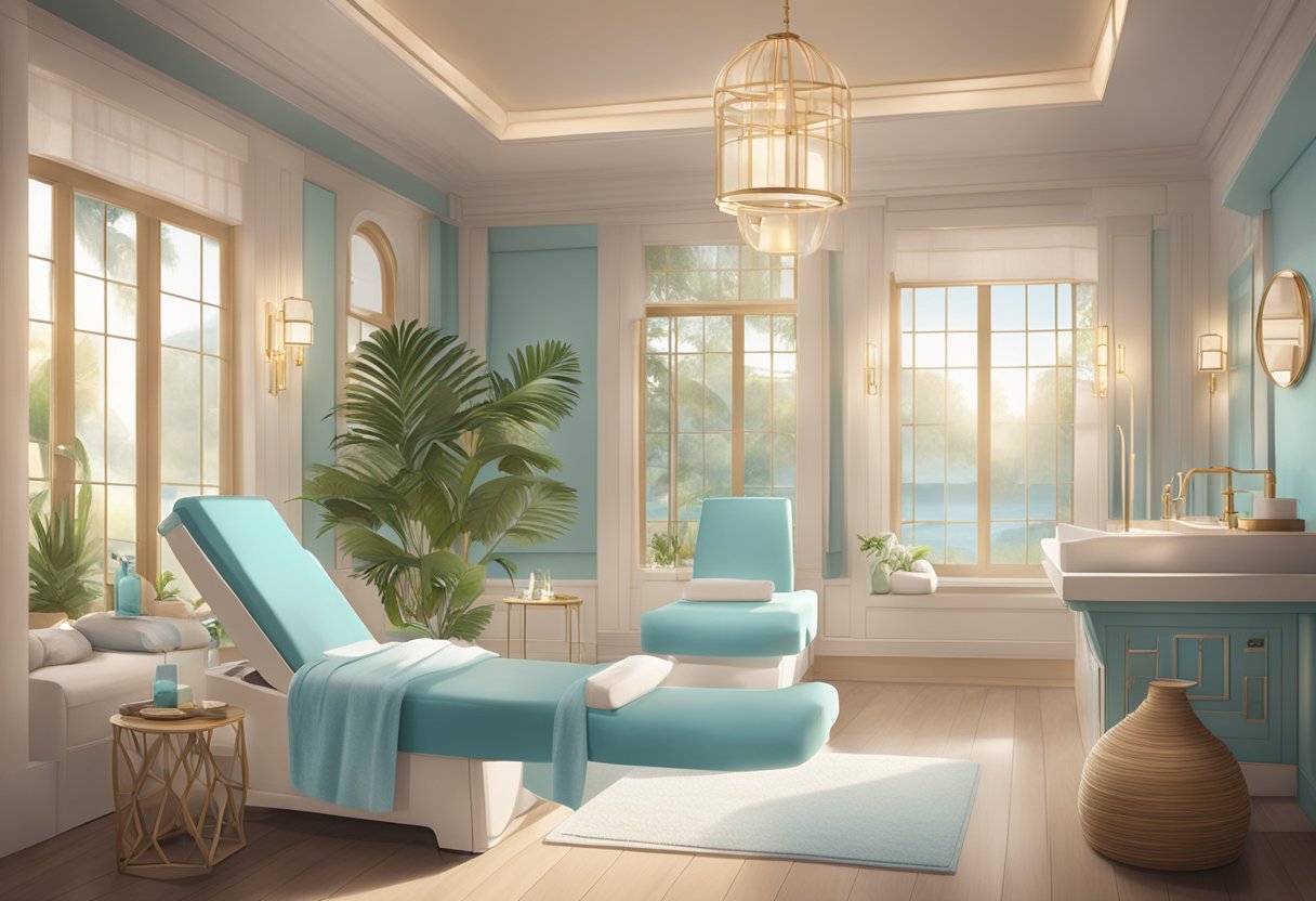 A serene spa room with a luxurious HydraFacial machine surrounded by calming decor and soft lighting