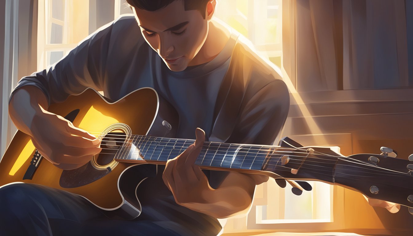 A guitar being strummed with fingers on fretboard, sunlight streaming through a window onto the instrument