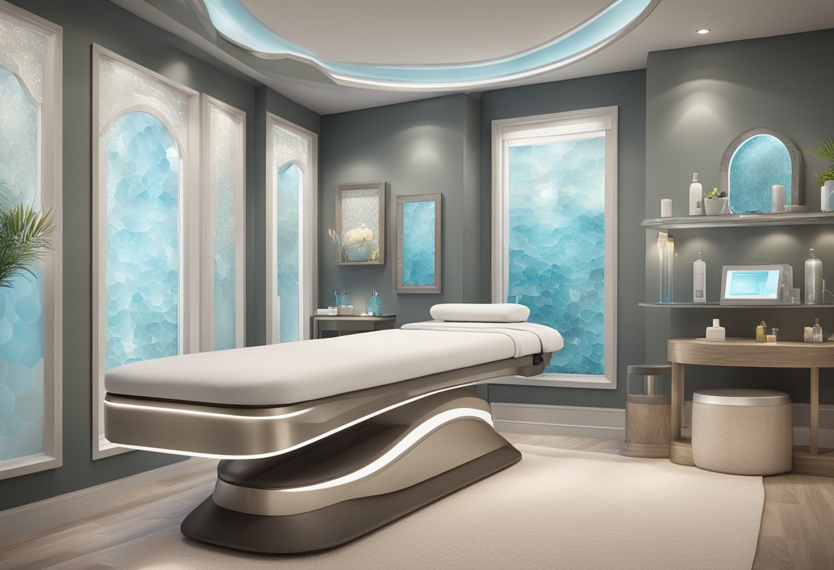 A serene spa room with modern equipment and luxurious decor, highlighting the advanced technology and specialized products used in a HydraFacial treatment