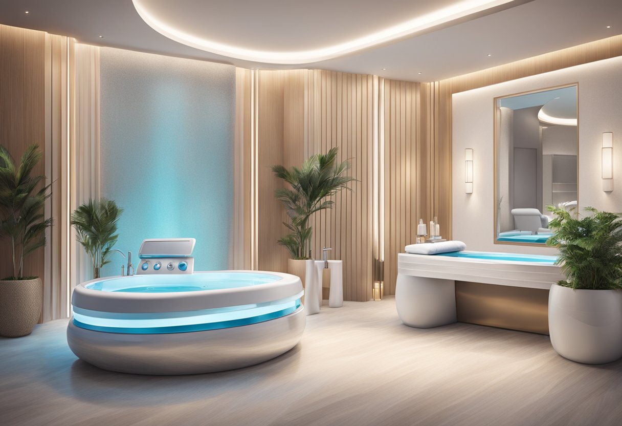 A serene spa room with a sleek HydraFacial machine and luxurious skincare products, creating a modern and upscale atmosphere