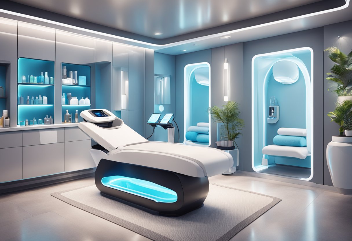 A serene spa room with a futuristic HydraFacial machine surrounded by luxurious skincare products and advanced technology