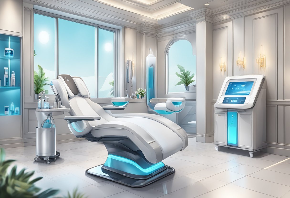 A luxurious spa setting with advanced skincare equipment and technology, showcasing the specialized tools and products used in a HydraFacial treatment