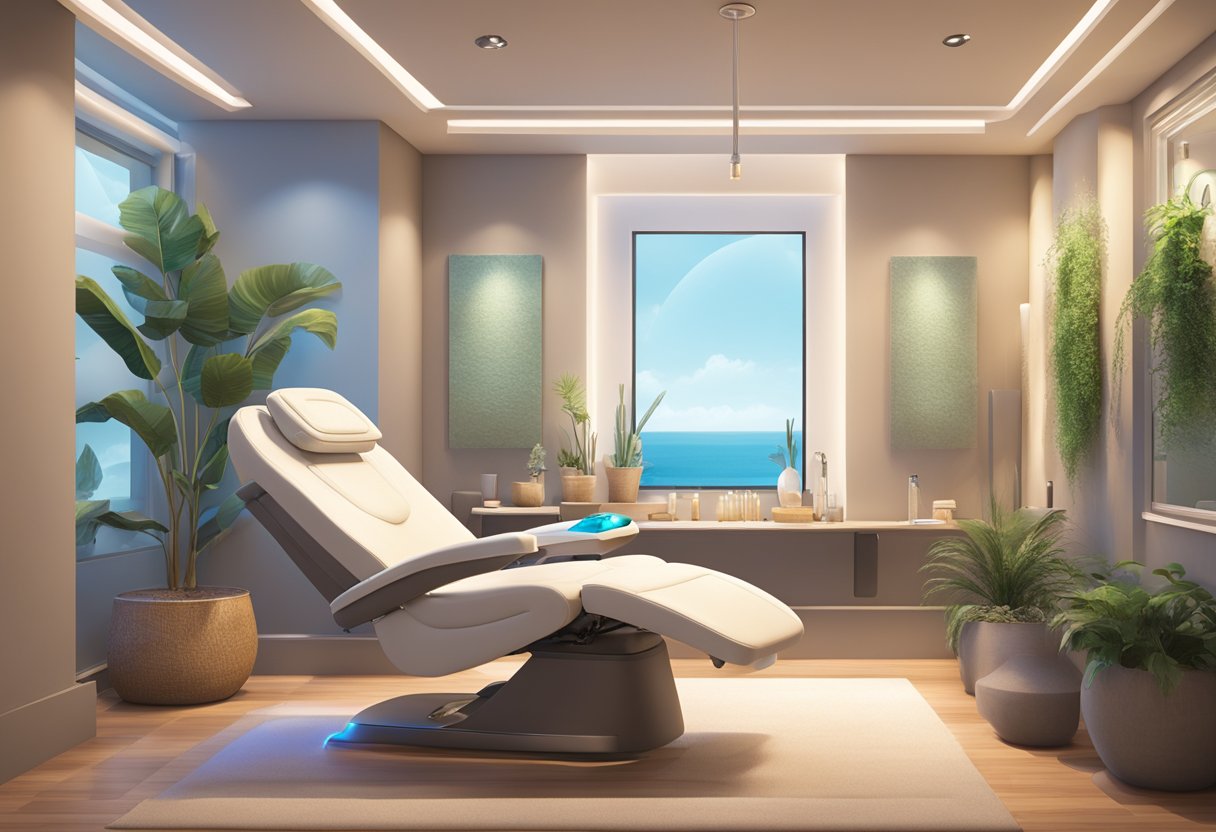 A serene spa room with a reclining chair, soft lighting, and a HydraFacial machine in the center, surrounded by calming decor and soothing music