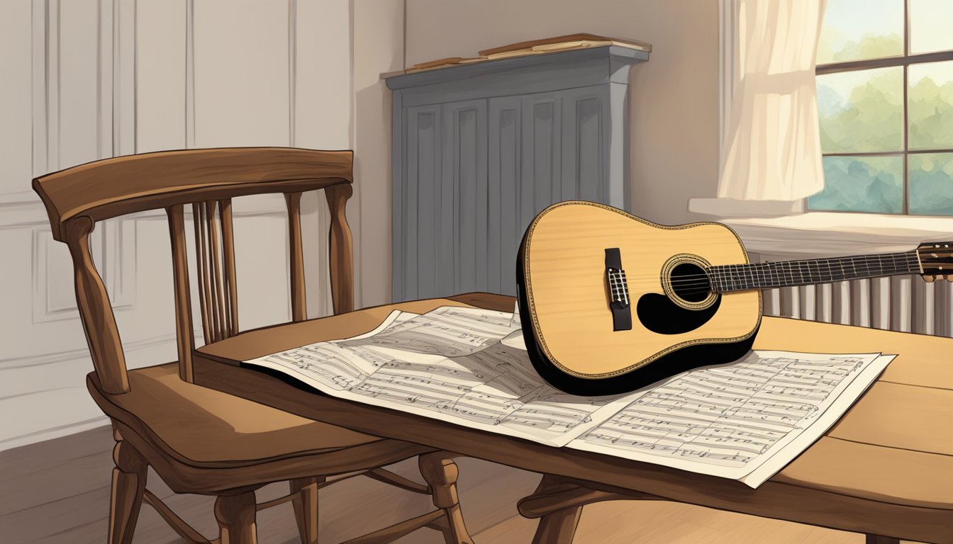 A guitar resting on a wooden chair, with a music stand holding the sheet music for "Country Roads" by John Denver