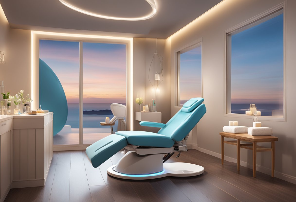 A serene spa room with a comfortable reclining chair, soft lighting, and a HydraFacial machine ready for a personalized treatment