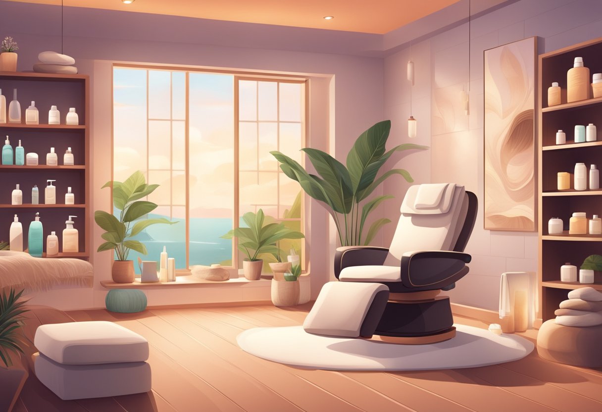 A serene spa room with soft lighting and a comfortable treatment chair, surrounded by shelves of skincare products and soothing background music