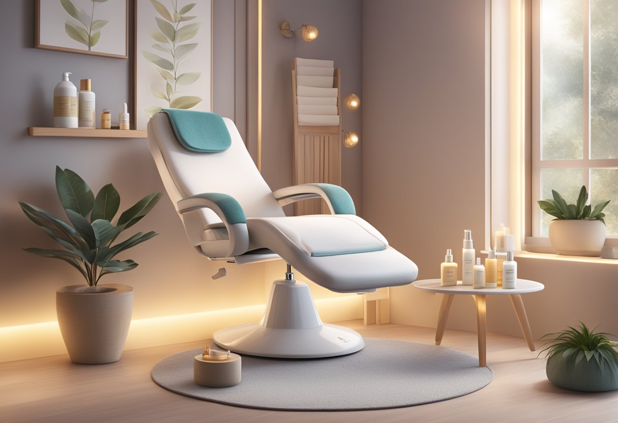 A serene spa room with a comfortable facial chair, soft lighting, and a shelf of skincare products