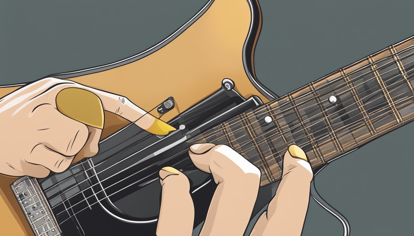 A guitar pick held between thumb and index finger, striking the strings of an acoustic guitar