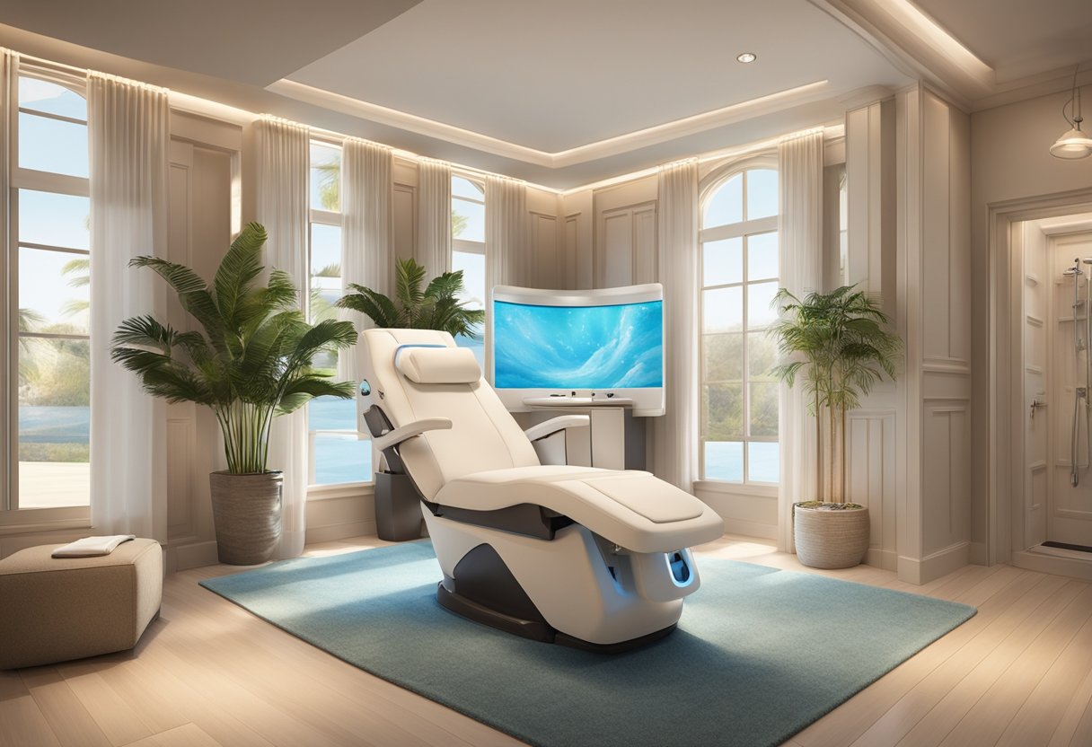 A serene spa room with a reclined treatment chair surrounded by soft lighting and soothing decor, showcasing the relaxing and rejuvenating experience of a HydraFacial