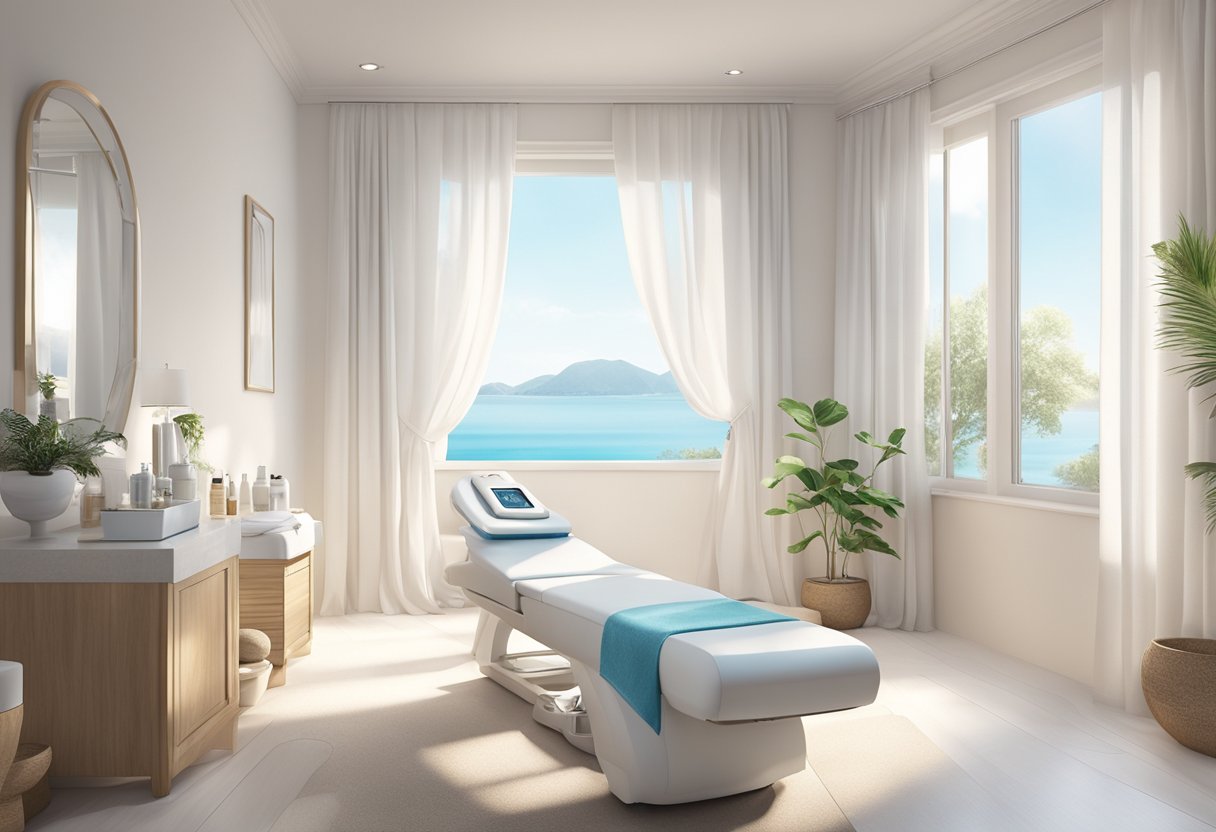 A serene spa room with a HydraFacial machine and various skincare products on a clean, white table. Soft, natural light filters in through sheer curtains, creating a peaceful atmosphere