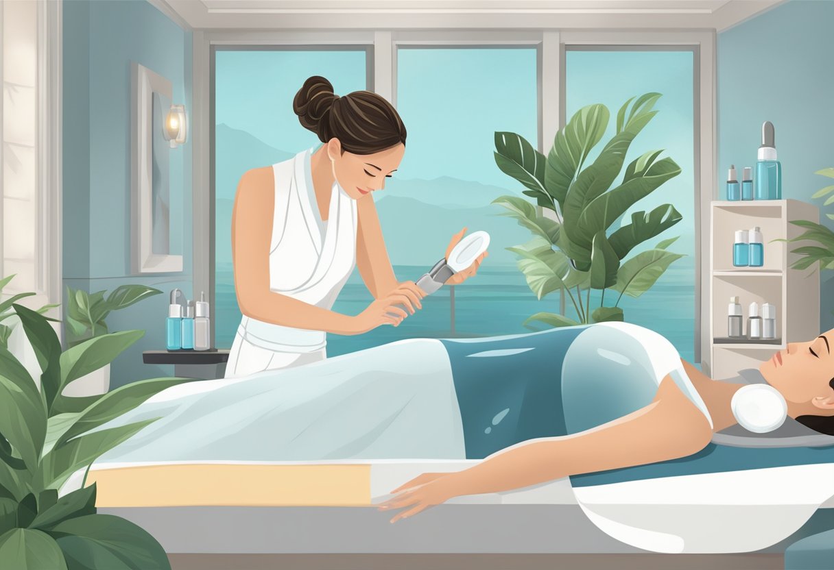 A serene spa setting with a glowing, radiant skin tone being pampered with a HydraFacial treatment