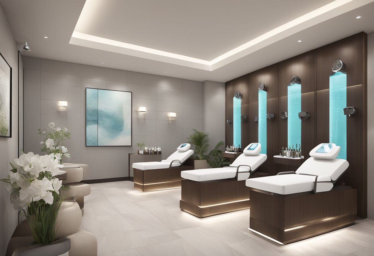 A serene spa setting with a variety of skincare equipment and products displayed, showcasing the HydraFacial as the focal point