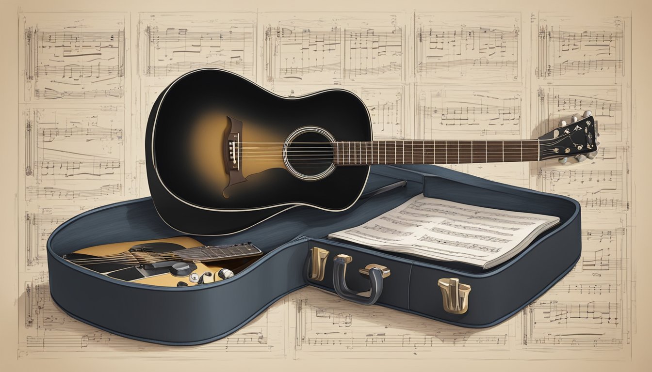 A guitar resting on a stand, surrounded by a tuner, capo, and sheet music for "Stand by Me."