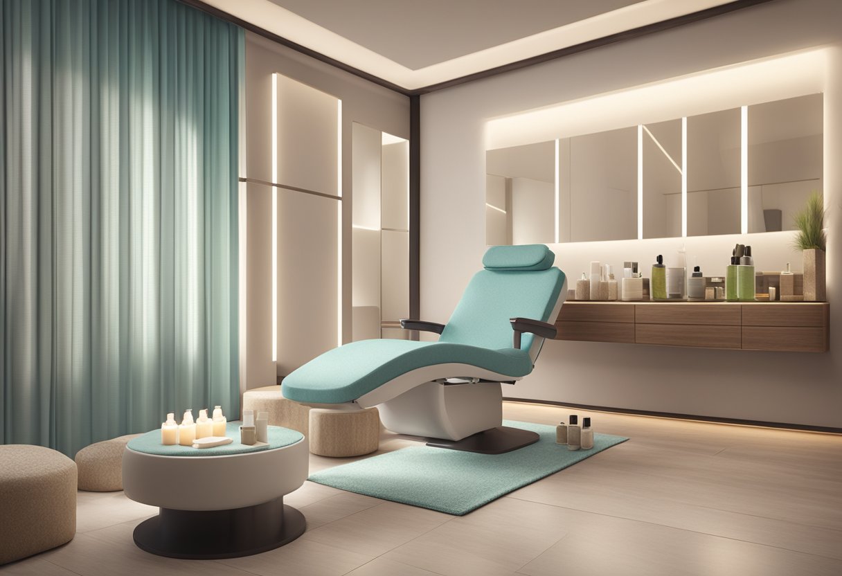 A serene and modern spa setting with a comfortable treatment chair and a display of skincare products. A serene and modern spa setting with a comfortable treatment chair and a display of skincare products