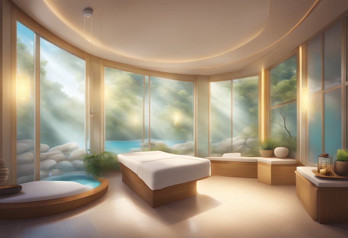 A serene spa room with a glowing, rejuvenated skin floating in a translucent, hydrating mist