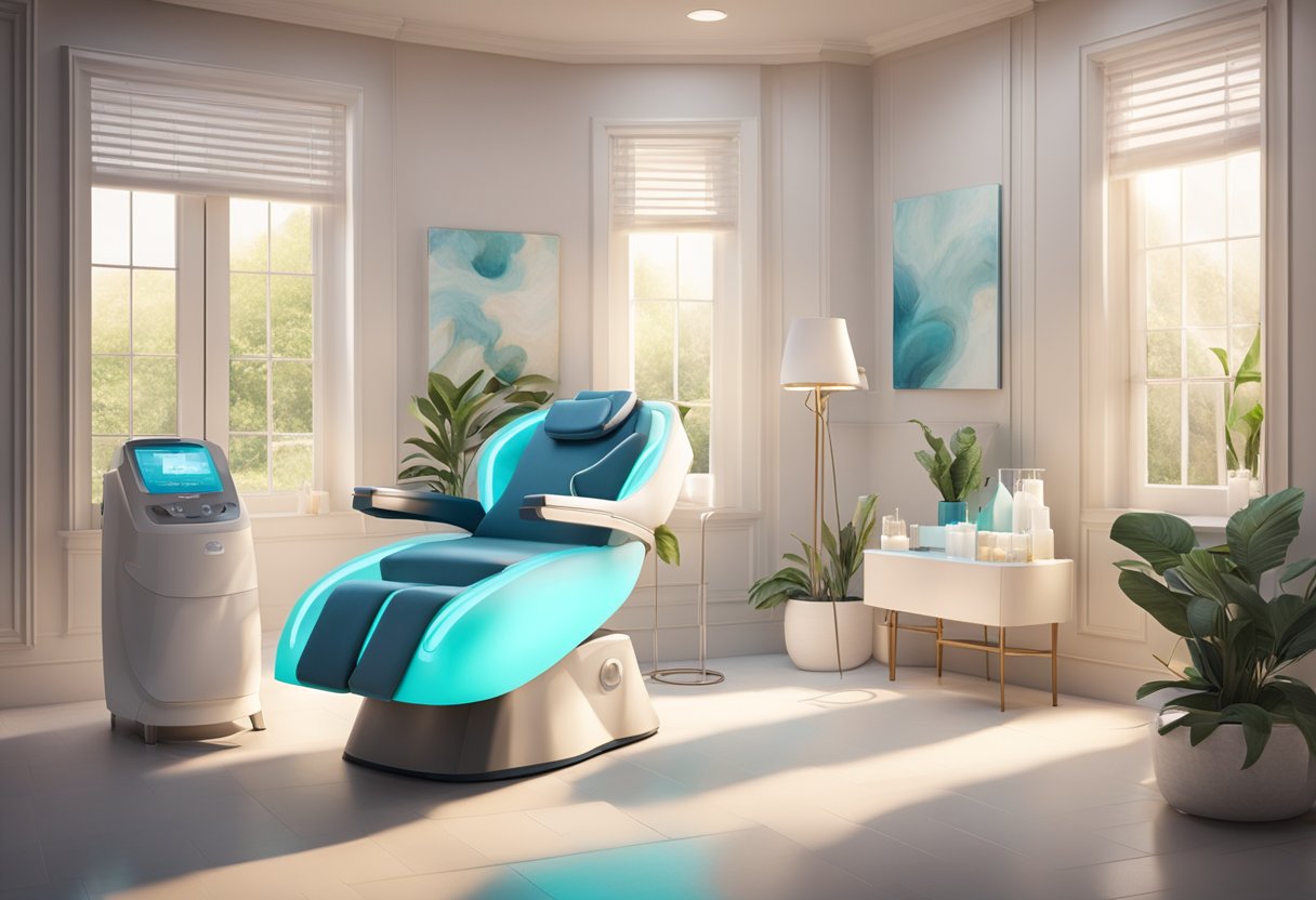 A serene spa room with a comfortable treatment chair and a professional HydraFacial machine, surrounded by soft lighting and soothing decor