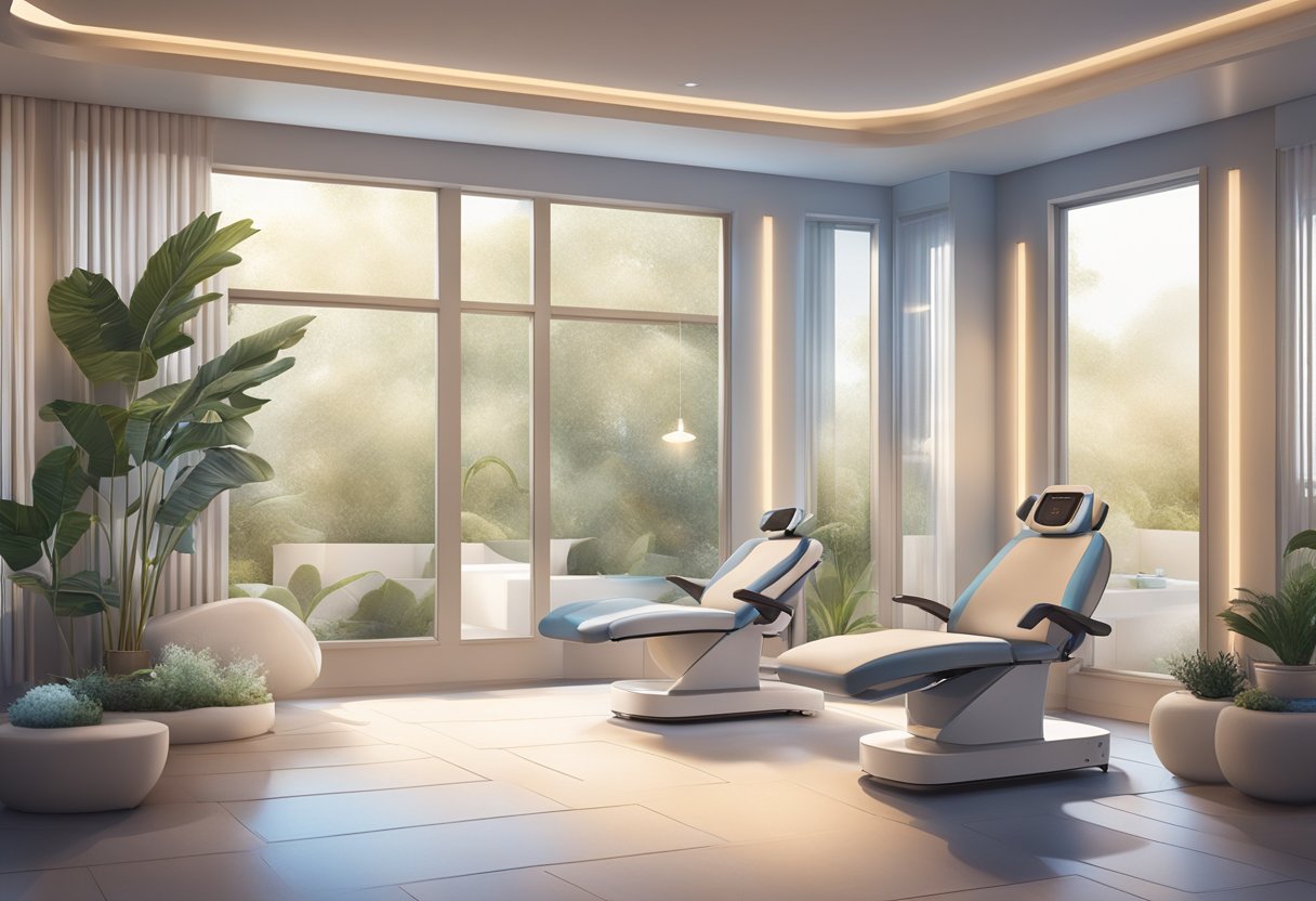 A serene spa setting with a reclined chair, a HydraFacial machine, and soft, ambient lighting