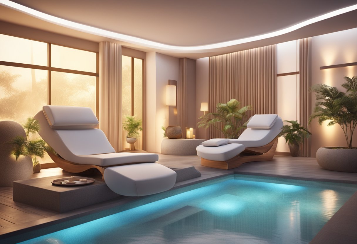 A serene spa setting with a luxurious treatment chair and a serene atmosphere, with soft lighting and soothing music, evoking a sense of relaxation and rejuvenation