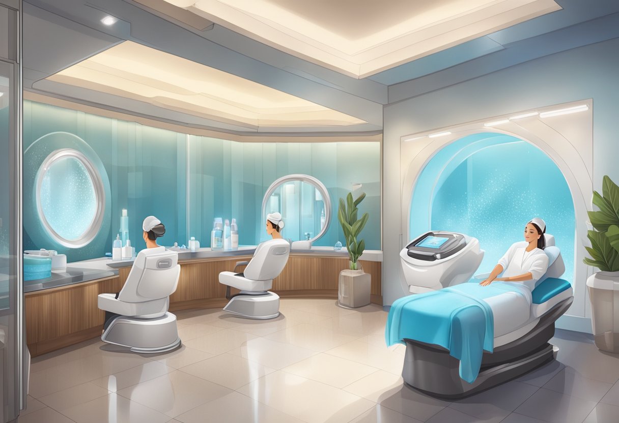 A serene spa room with a HydraFacial machine and skincare products, showcasing the process and results of the treatment for anti-aging benefits