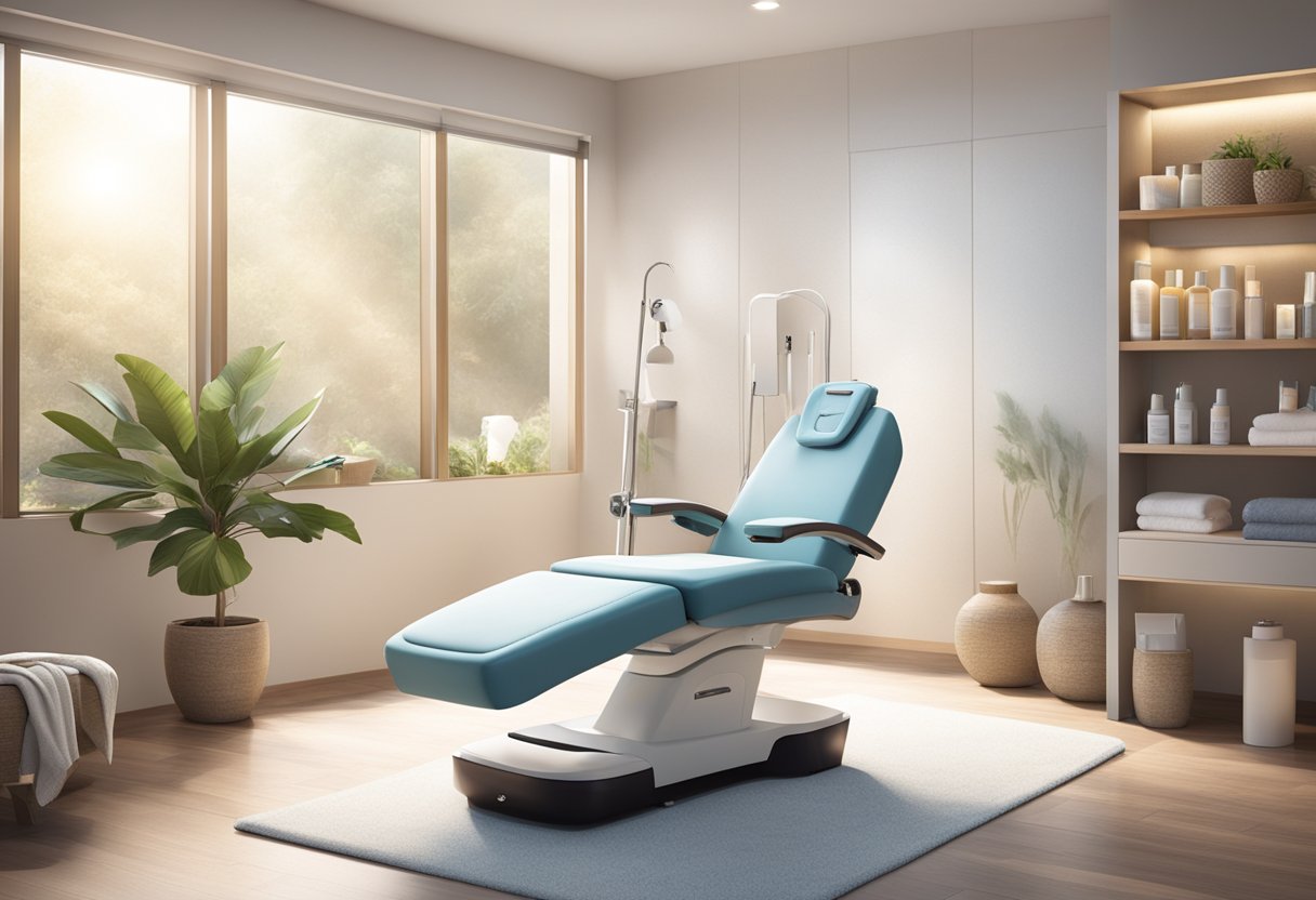 A serene spa room with a reclining chair, soft lighting, and a HydraFacial machine. Aesthetician's tools and products are neatly organized on a nearby cart